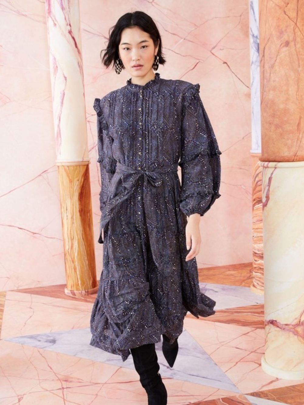 Ulla Johnson Navy Metallic Speckle Midi Dress